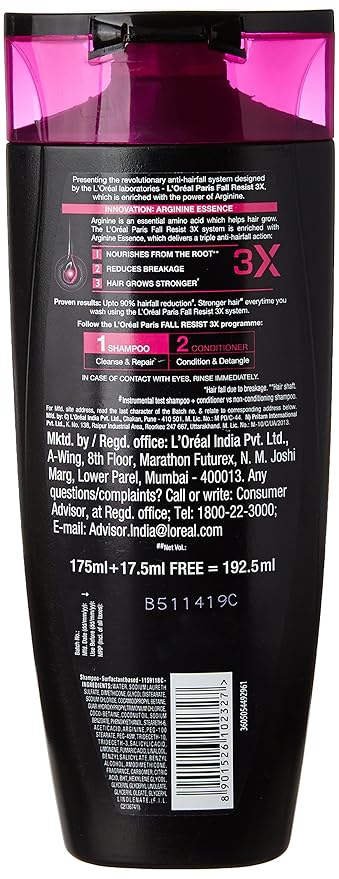 L'Oreal Paris Fall Resist 3X Repair Anti-Hair Fall Shampoo 175 ml (Extra 17.5 ml)